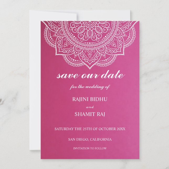 Elegant Pink White Paisley Indian Hindu Wedding Save The Date (Vorderseite)
