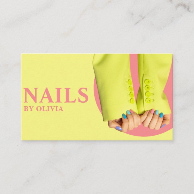 Elegant Pink Yellow Feminine Moderne Nageltechnik Visitenkarte (Vorderseite)