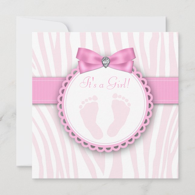 Elegant Pink Zebra Pink Footprint Baby Shower Einladung (Vorderseite)