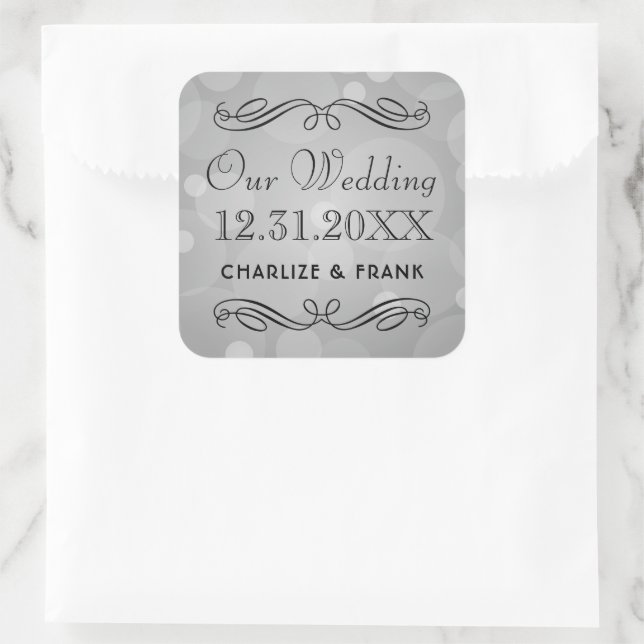 Elegant Platinum Gray Wedding Monogram Quadratischer Aufkleber (Tasche)