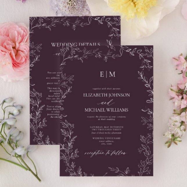Elegant Plum Purple Leaf Monogram Details Wedding Einladung (Von Creator hochgeladen)