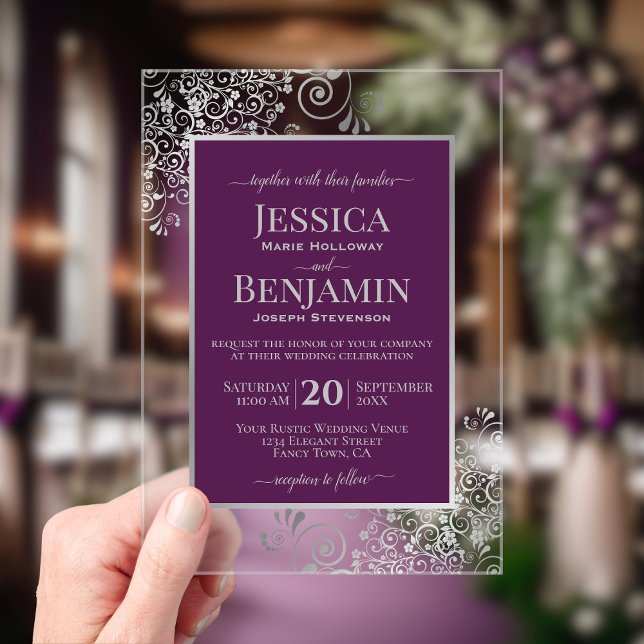 Elegant Plum Purple & Silver Stylish Text Wedding Acryleinladungen (Clear Acrylic with Rectangle Cut)