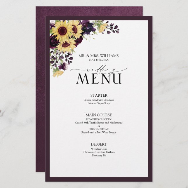 Élégant Plum violet Sunflower Menu Mariage (Devant / Derrière)