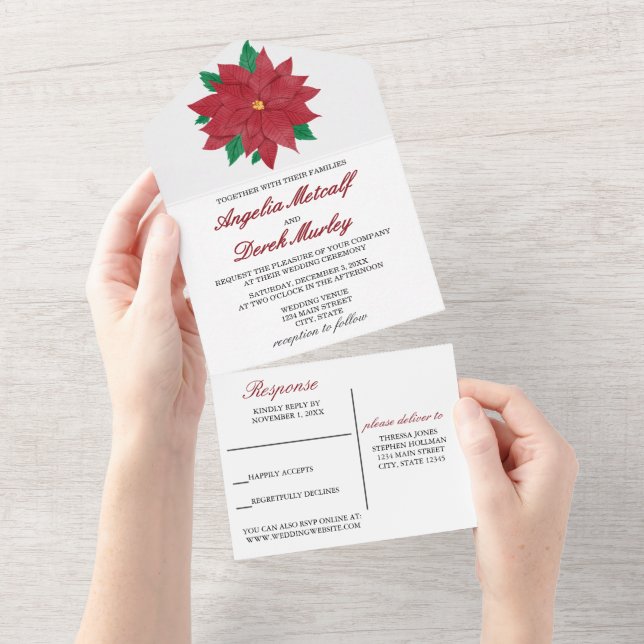 Elegant Poinsettia All-in-One Hochzeit Einladung (Abreißtisch)