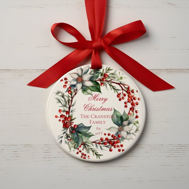 Elegant Poinsettia Berries Wreath Frohe Weihnachte Ornament (Elegant Poinsettia and Berries Wreath "Merry Christmas" Family Name and Date Holiday Ornament)