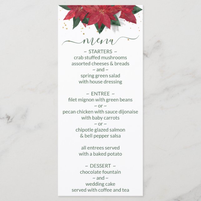 Elégant Poinsettia Green Christmas Menu Mariage (Devant)