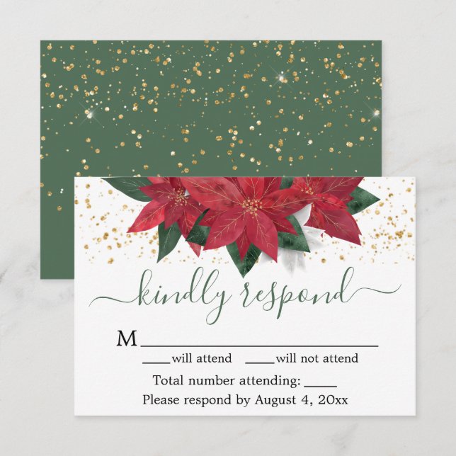 Elégant Poinsettia Mariage de Noël Carte RSVP (Devant / Derrière)