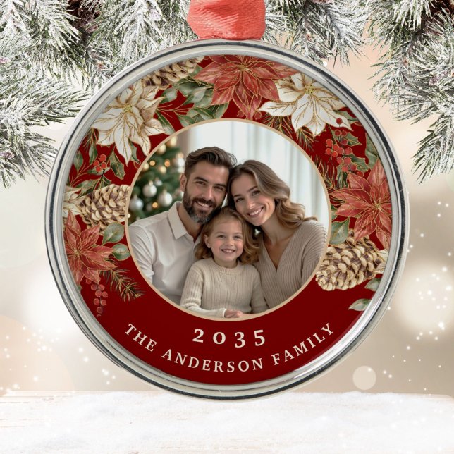 Elegant Poinsettia Rich Red Family Foto Ornament Aus Metall (Von Creator hochgeladen)