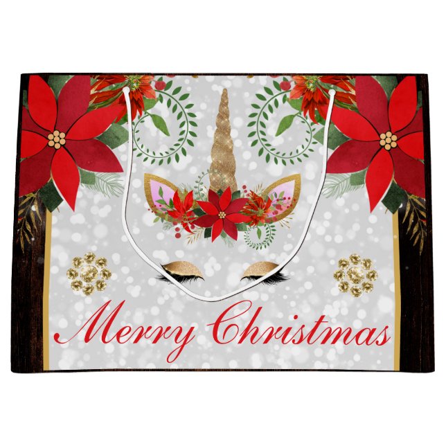 Elegant Poinsettia Unicorn Weihnachten Große Geschenktüte (Vorderseite)
