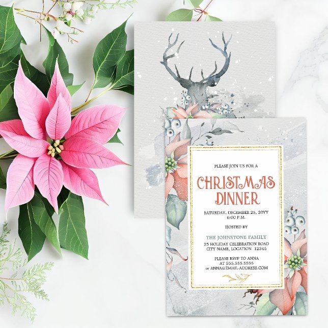 Elegant Poinsettia Weihnachtsfest Abendessen Einladung (Elegant poinsettia Christmas holiday dinner party invitation front and back view.)