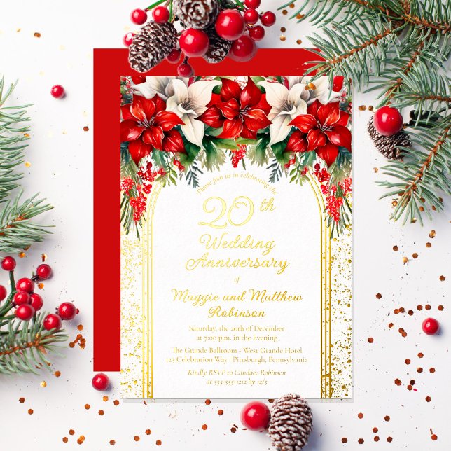 Elegant Poinsettias 20. Hochzeitstag Folieneinladung (Elegant Red and White Poinsettias Holiday "20th Anniversary" Party Gold Foil Invitation)