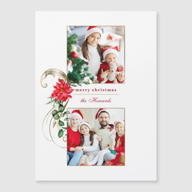 Elegant Poinsettias & Gold Scrolls 2-Foto Magnetkarte (Vorderseite)