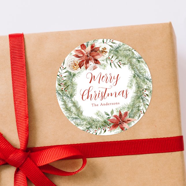 Elegant Poinsettias und Grün Runder Aufkleber (Von Creator hochgeladen)
