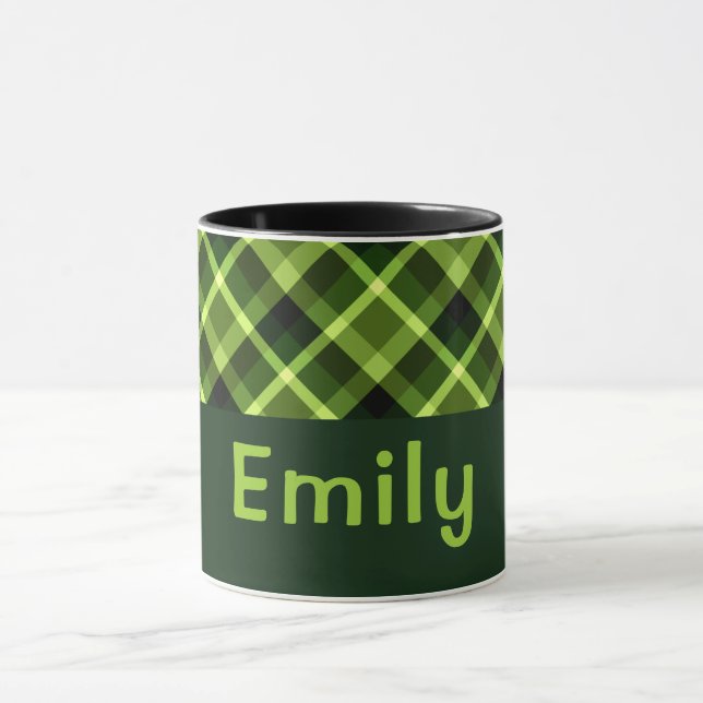 Élégant Pois vert Plaid Monogramme 11 oz Mug (Centre)