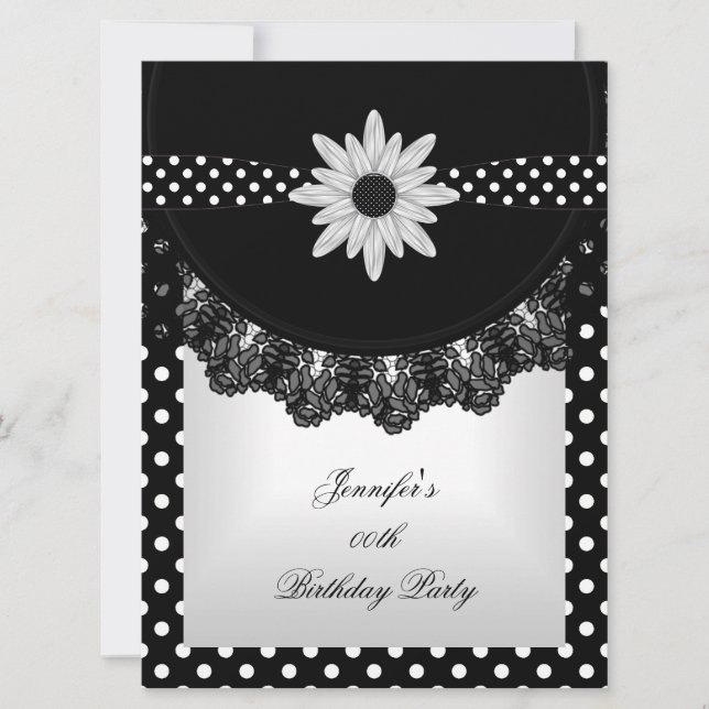 Elegant Polka Dot Schwarz-weiße Spitzen-Blume Einladung (Vorderseite)