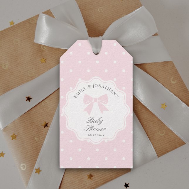 Elegant Polka Dots Baby Pink Bow Girl Baby Shower Geschenkanhänger (Von Creator hochgeladen)
