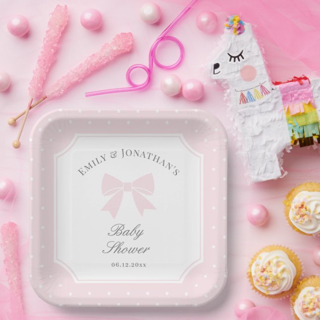 Elegant Polka Dots Baby Pink Bow Girl Baby Shower Pappteller (Party)