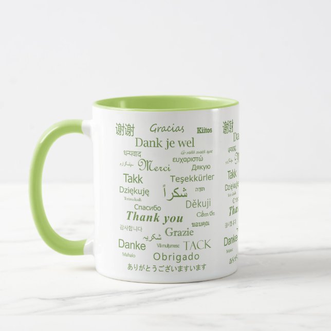 Elegant Polyglot "Danke" Grüne Typografie Tasse (Links)