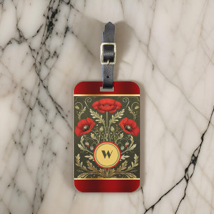 Elegant Poppies Striped Gold Red Monogram Initial Gepäckanhänger