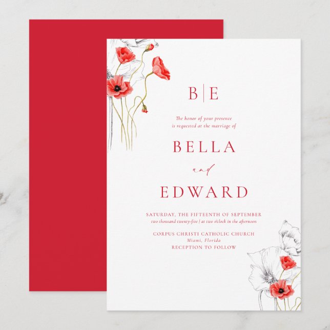 Elegant Poppy Red Monogram Floral Formal Wedding Einladung (Vorne/Hinten)