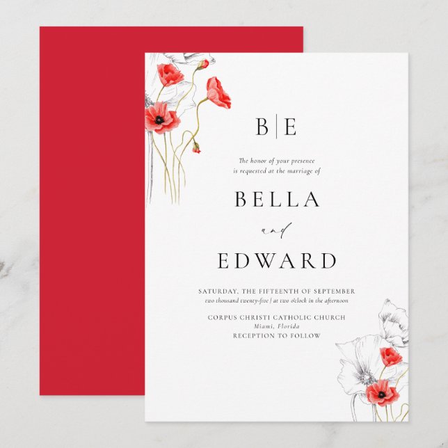 Elegant Poppy Rote Wildblumen Feierliche Hochzeit Einladung (Vorne/Hinten)