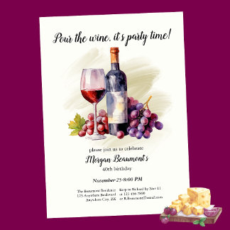 Elegant Pour The Wine Themed 40th Birthday Party Einladung