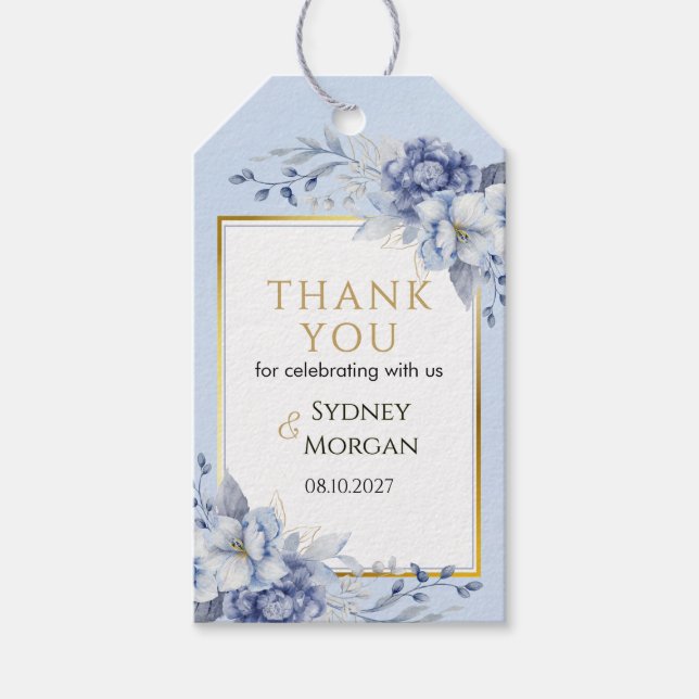 Elegant Powder Blue & Gold Floral Wedding Geschenkanhänger (Vorderseite)
