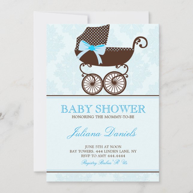 Elegant Pram Boy Baby Shower Einladungen (Vorderseite)