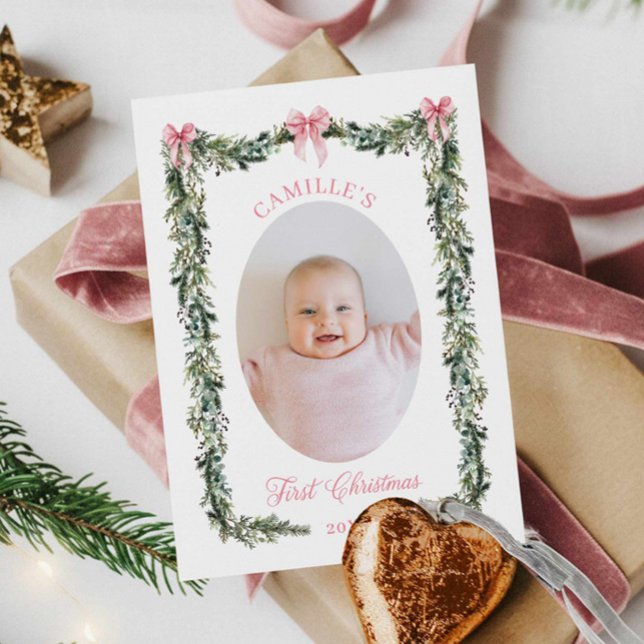 Élégant premier Noël bébé Carte photo fille (First Christmas Baby Girl Photo Card)