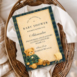 Elegant Preppy Teddy Bear Baby Shower Einladung<br><div class="desc">A charming preppy baby shower design featuring a sweet teddy bear dressed in a classic green plaid jacket and bow tie. Above the bear, a delicate clothesline displays tiny baby clothes and shoes, creating a nostalgic storybook nursery scene. The deep navy background and subtle tartan border add a refined, vintage-inspired...</div>