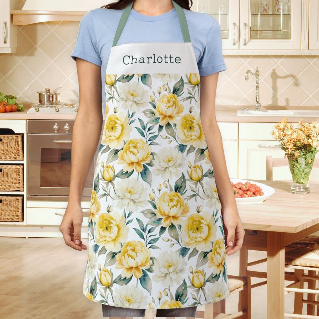 Elegant Pretty Yellow and White Floral Schürze (A personalized kitchen apron, patterned with yellow and white peony and chrysanthemum flowers)