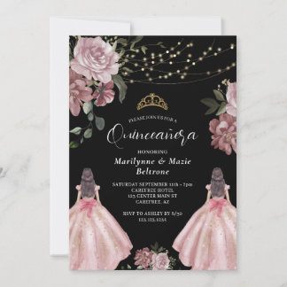 Elegant Princess Floral Twins Quinceañera Einladung