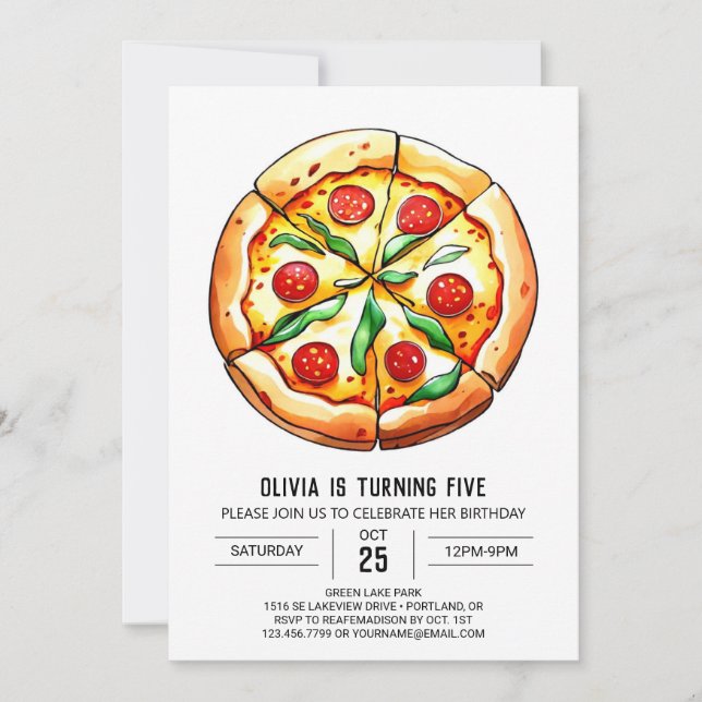Elegant Printable Pizza Birthday Einladung (Vorderseite)