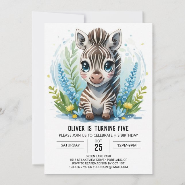 Elegant Printable Safari Zebra Boy Birthday Einladung (Vorderseite)