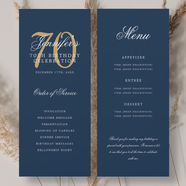 Élégant Programme 70e Or Bleu Marine Menu+Merci (Elegant 70th Program Gold Navy Blue Menu+Thank You)