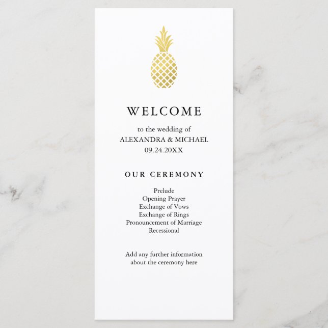 Élégant programme de mariage à l'ananas en or (Devant)