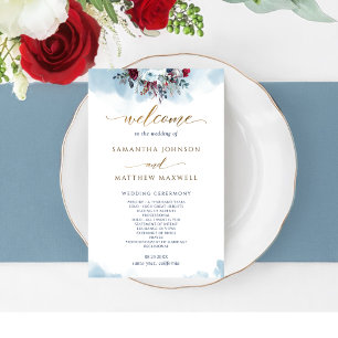 Élégant programme de mariage bleu floral et aquare