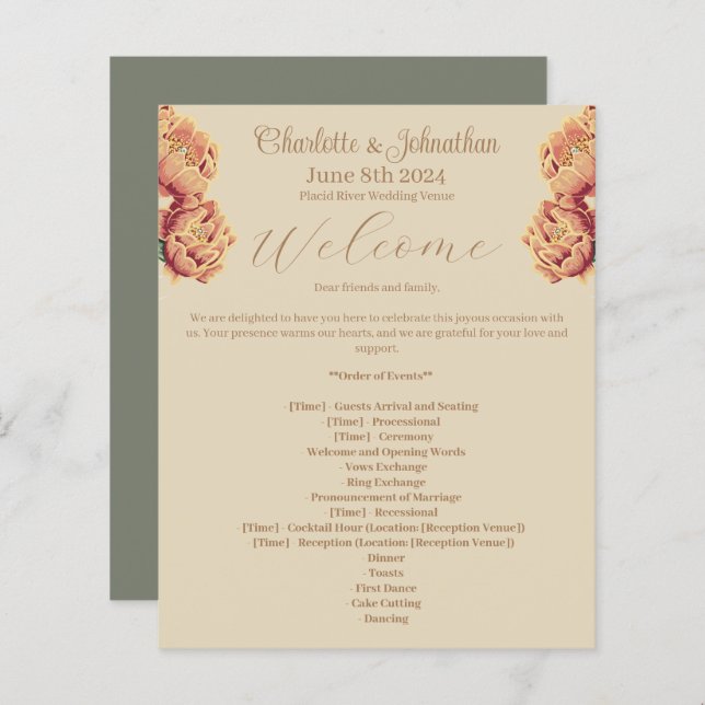 Élégant programme de mariage de cactus à fleurs (Devant / Derrière)