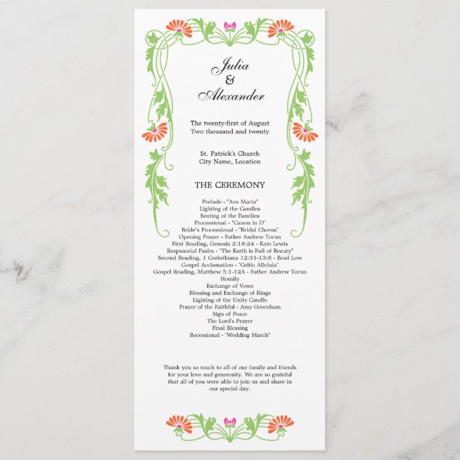 Élégant programme de mariage des fleurs de feuille (Devant)