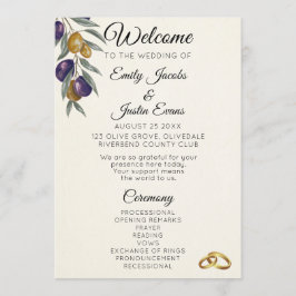 Élégant programme de mariage d'olives à l'aquarell