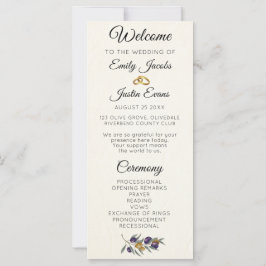 Élégant programme de mariage d'olives à l'aquarell