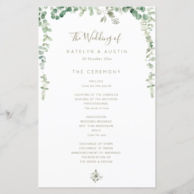 Élégant programme de mariage eucalyptus vert (Devant)