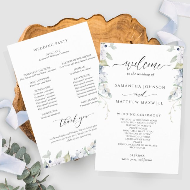 Élégant programme de mariage floral blanc et bleu (Créateur téléchargé)