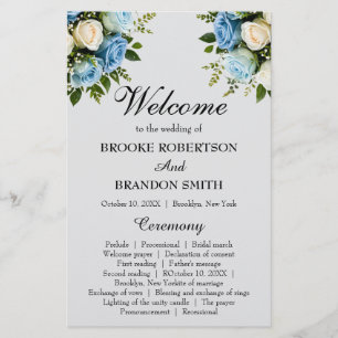 Élégant programme de mariage floral bleu et blanc