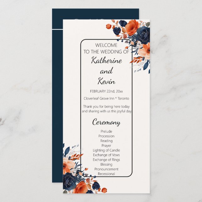 Élégant programme de mariage floral bleu orange de (Devant / Derrière)