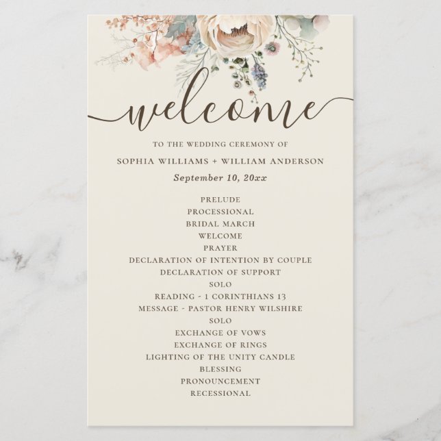 Élégant programme de mariage floral jardin aquarel (Devant)