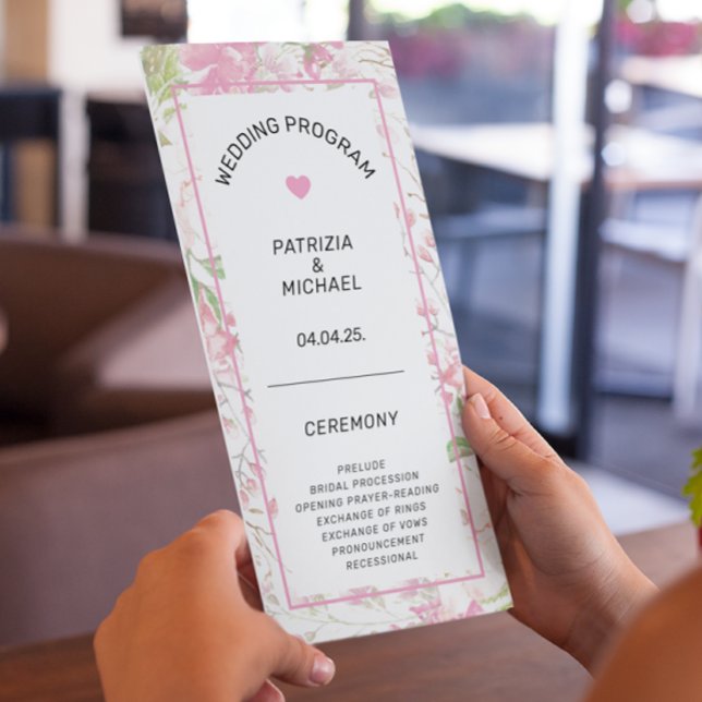 Élégant programme de mariage floral rose plat (Créateur téléchargé)