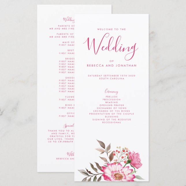 Élégant programme de mariage minimal rose floral (Devant / Derrière)