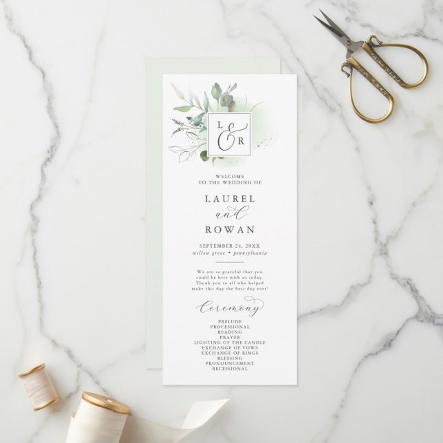 Élégant programme de mariage Monogramme de verdure (Devant/Arrière en situation)