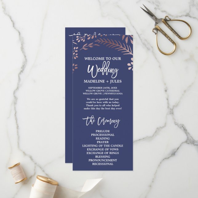 Élégant programme de mariage Rose Gold et Marine (Devant/Arrière en situation)